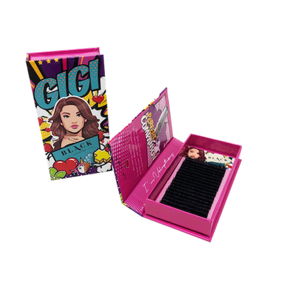 Pop-art styled packaging tray for GIGI CC-Curl mega volume lashes featuring vibrant branding and an organized lash extension tray.