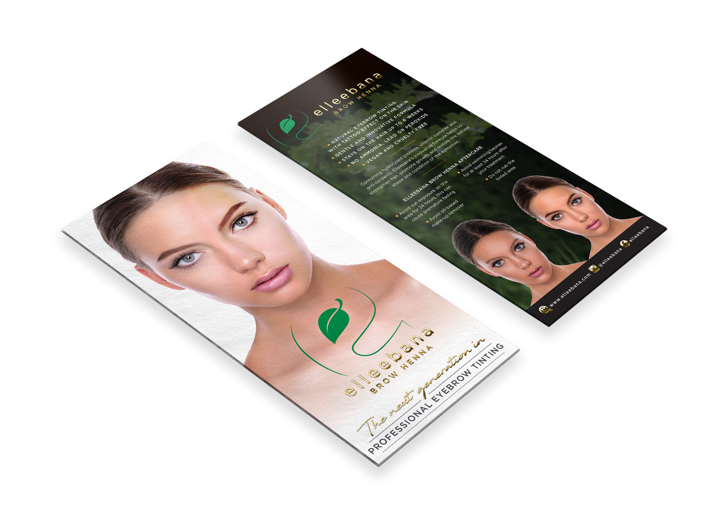 Pack of 50 double-sided printed client leaflets covering henna brow service benefits on one side and post-treatment aftercare protocol instructions on the reverse side.
