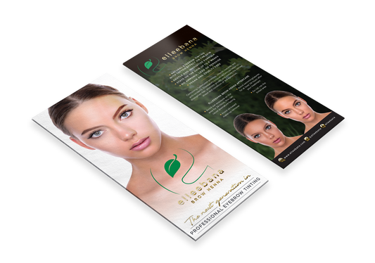 Pack of 50 double-sided printed client leaflets covering henna brow service benefits on one side and post-treatment aftercare protocol instructions on the reverse side.