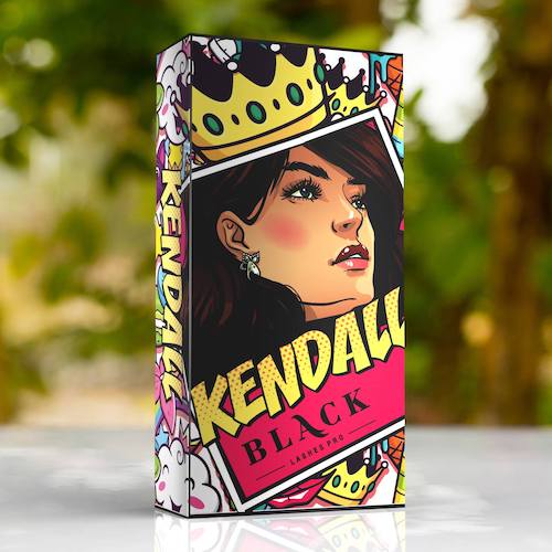  High-contrast pop-art styled lash extension packaging tray for KENDALL D-Curl mega volume lashes featuring vibrant branding and secure lash strip backing.