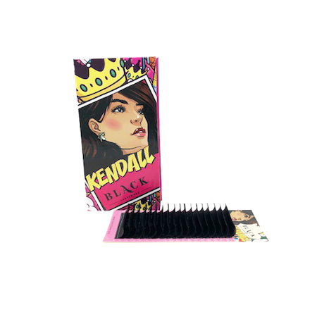 High-contrast pop-art styled lash extension packaging tray for KENDALL D-Curl mega volume lashes featuring vibrant branding and secure lash strip backing.