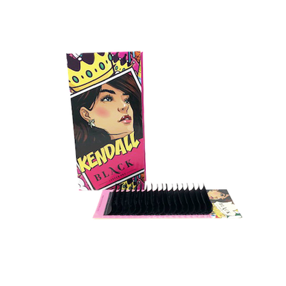 High-contrast pop-art styled lash extension packaging tray for KENDALL D-Curl mega volume lashes featuring vibrant branding and secure lash strip backing.
