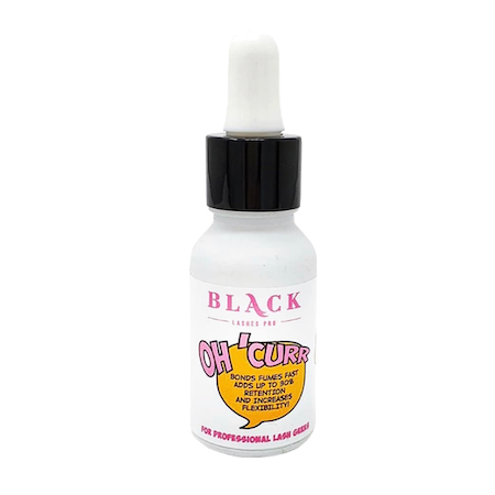 Lash extension superbonder solution designed to instantly cure cyanoacrylate adhesive fumes, increase elasticity, and boost retention.