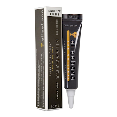 Flexible 10ml squeeze tube of clear original Elleebana lash lift adhesive with black cap on a plain studio background.