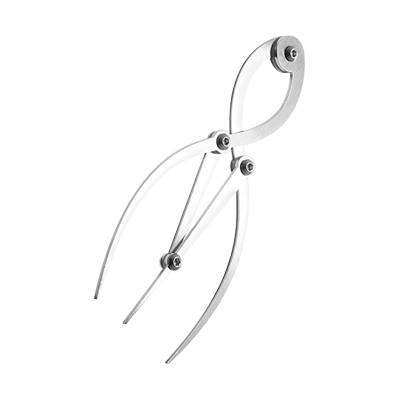 Stainless steel Golden Ratio eyebrow caliper measuring tool positioned alongside facial mapping points for permanent makeup symmetry