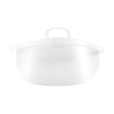 Transparent anti-fog sanitary mouth shield mask worn by a beauty therapist during microblading and lash extension treatments.