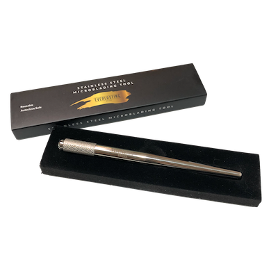  High-grade reusable stainless steel microblading tool with a knurled anti-slip grip and adjustable cross-head collet for blade insertion.