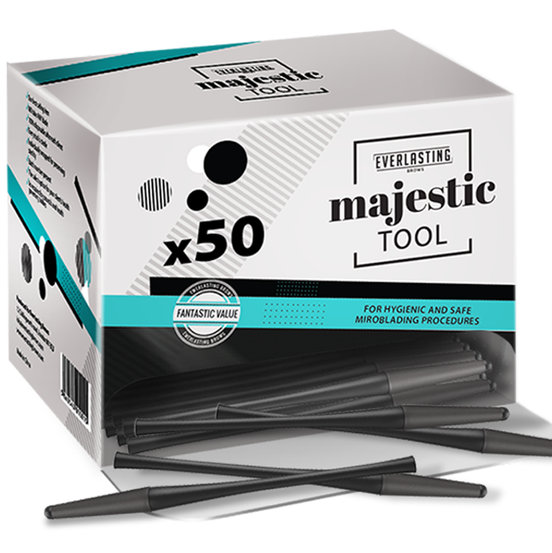 Individually wrapped universal disposable microblading handles designed to fit all standard and shading blades, featuring sterile packaging with batch numbers.

Key Features & B