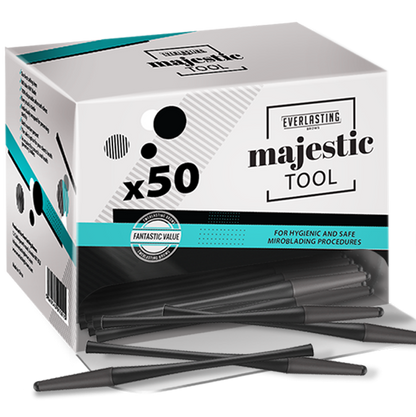 Individually wrapped universal disposable microblading handles designed to fit all standard and shading blades, featuring sterile packaging with batch numbers.

Key Features & B
