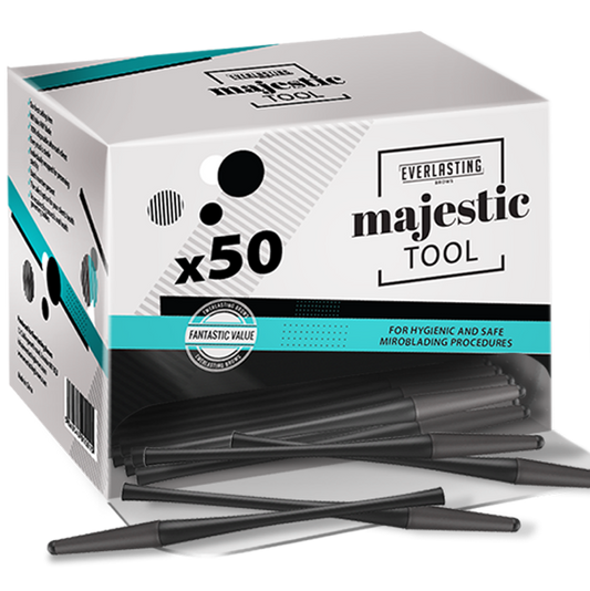 Individually wrapped universal disposable microblading handles designed to fit all standard and shading blades, featuring sterile packaging with batch numbers.

Key Features & B