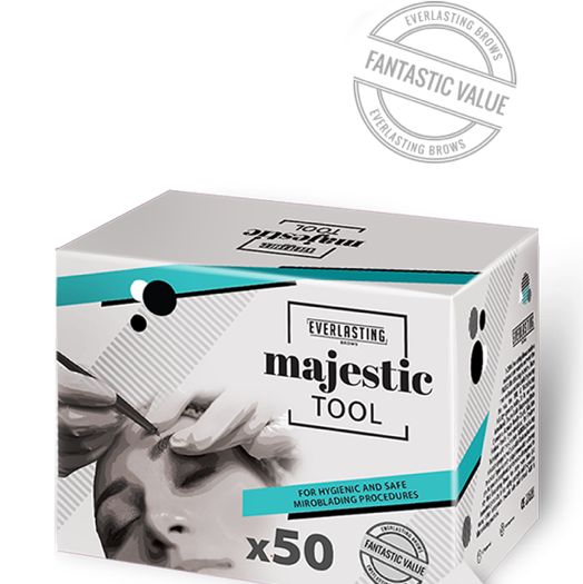 Individually wrapped universal disposable microblading handles designed to fit all standard and shading blades, featuring sterile packaging with batch numbers.

