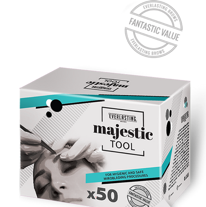 Individually wrapped universal disposable microblading handles designed to fit all standard and shading blades, featuring sterile packaging with batch numbers.

