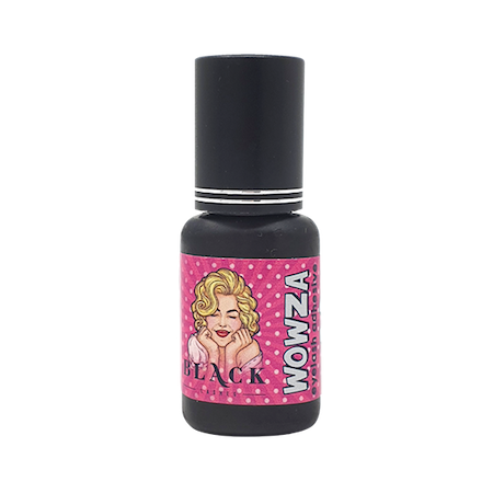 A 5ml bottle of WOWZA professional black eyelash adhesive, a medium-viscosity, 2-second drying glue suitable for both classic and volume lash extensions across various humidity levels.