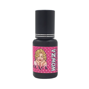 A 5ml bottle of WOWZA professional black eyelash adhesive, a medium-viscosity, 2-second drying glue suitable for both classic and volume lash extensions across various humidity levels.