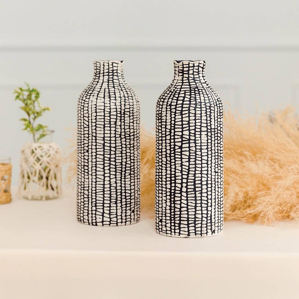 Patterned Decorative Table Vases - Set Of 2 - Black tribal